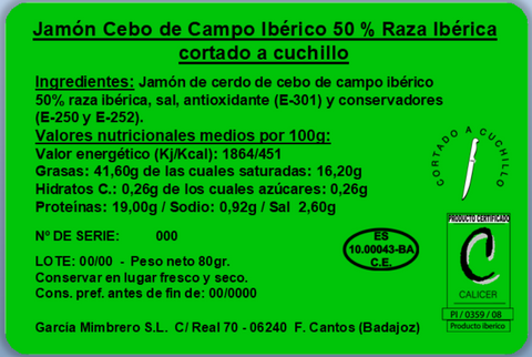 Loncheado Jamón de Cebo de Campo Ibérico 50% Raza Ibérica 80G