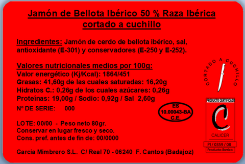 Loncheado Jamón de bellota ibérico 50% raza ibérica 80 g